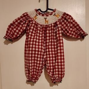 Red Plaid Reindeer Smocked Romper 0-3 mos